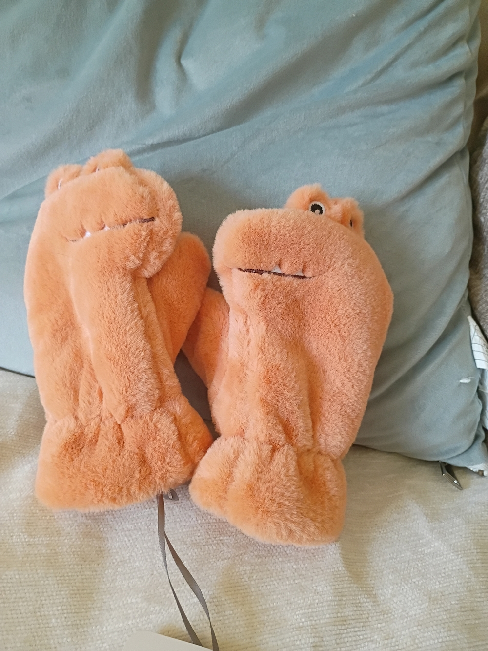 Plush Orange Kids Mittens - Soft Fleece Dino By powder
